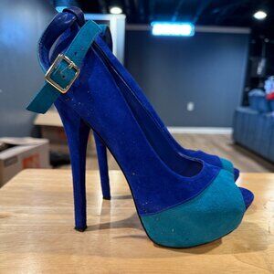 Halston Royal Blue Suede Peep Toe Heels – Size 6 – 5.5” Showstoppers